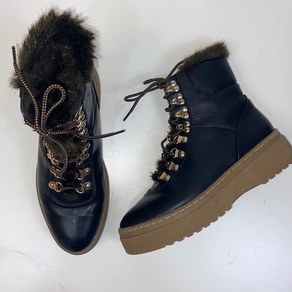 Zara Shoes - Zara | Leather Fur Platform Moto Boots Size 6.5